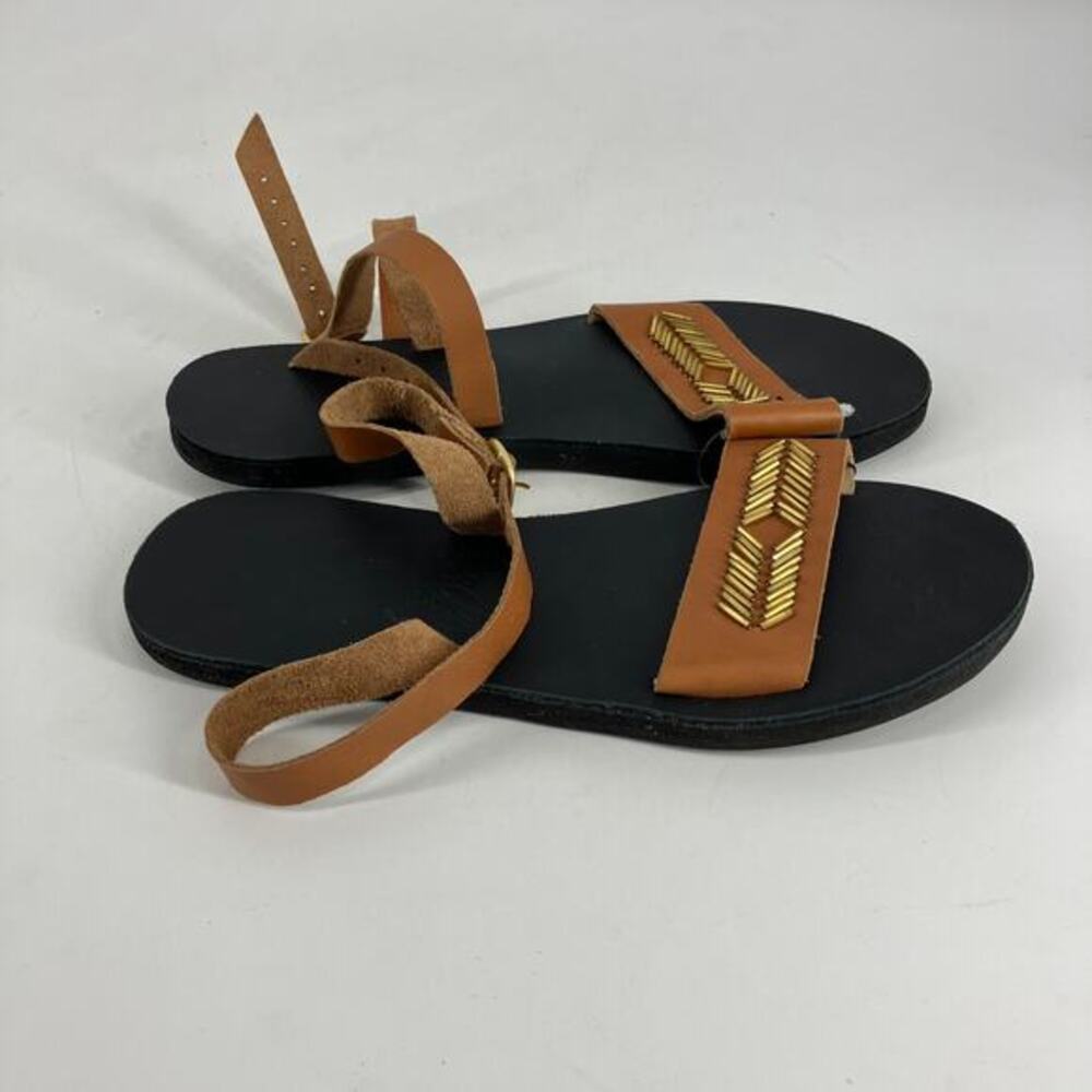 Sseko Women Brown Leather Sarah Sandals Gold Chevron Beads Ankle Wrap